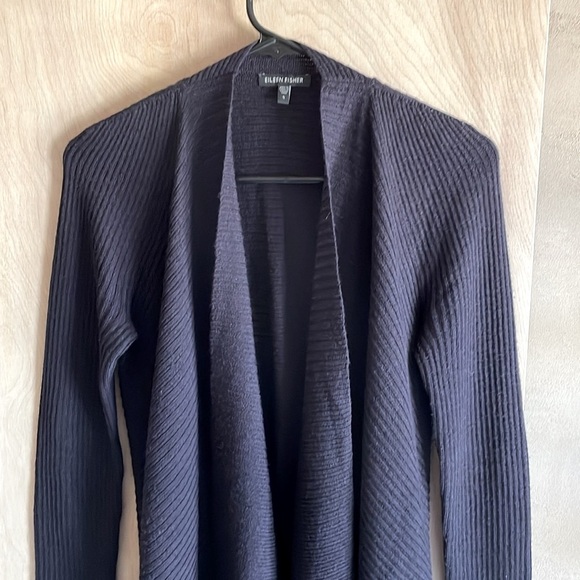 Eileen Fisher Cardigan Deep Purple Asymmetrical Open Front Women’s Small - Picture 1 of 8